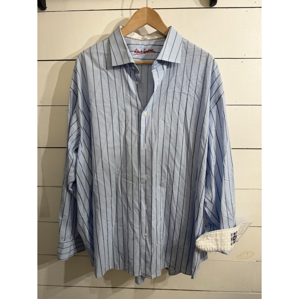 Robert Graham 4XL Mens Blue Purple Gingham Striped Button Flip Cuff 49-19.5